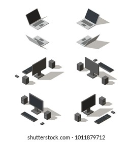 Isometric set of low poly computer and laptop. 