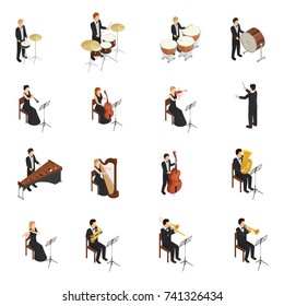 Isometric set of male and female people dressed in costumes and gowns playing various musical instruments in orchestra isolated on white background 3d vector illustration