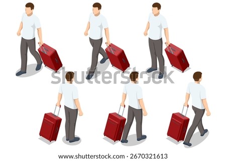 Isometric set of a man character with a red suitcase. Multiple views and poses for themes of migration, travel, tourism, transport, and passenger journeys.