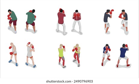 isometric set of man people practice boxing and punching pose activity