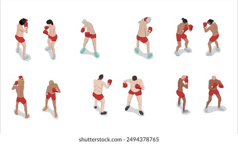 conjunto isométrico de muchas personas practican boxeo y punching pose actividad