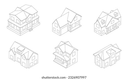 Isometric set of mansions in outline. Two storey houses with different roofs in isometric view.