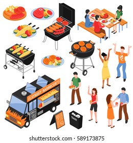 Isometric set with meat and vegetables on grill people near car with street barbecue isolated vector illustration