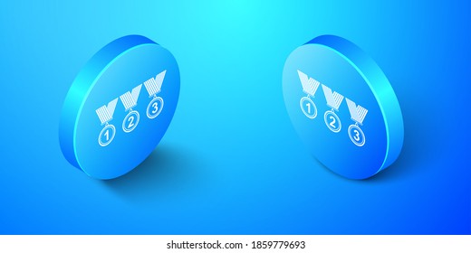 Isometric Set Medal icon isolated on blue background. Winner simbol. Blue circle button. Vector.