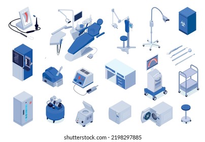 Conjunto isométrico de equipo médico y mobiliario para consultorio dental aislado Ilustración vectorial 3d