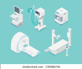 isometric set Medical Machine hospital diagnostic equipment healthcare technology isolated object 3d doctor