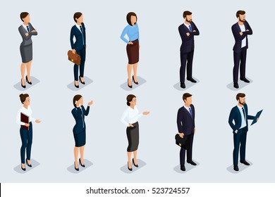 Isometric set of men and women in business attire, of a corporate code of business people. Businessmen on a gray background, isolated. Vector illustration.