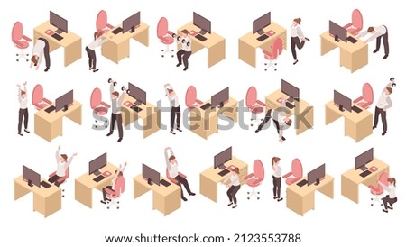 Isometric set of men and women doing sport workout stretching squats at work place in office 3d isolated vector illustration