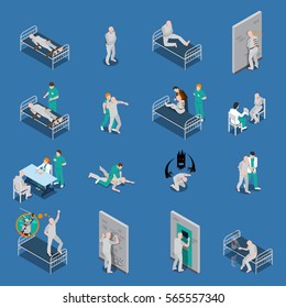 Isometric set with mental patients on couches and with medical staff on blue background isolated vector illustration 