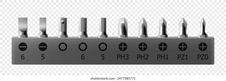 Conjunto isométrico de pedazos de metal para destornillador aislado sobre fondo blanco. Brocas para taladro eléctrico o destornillador inalámbrico. Herramientas manuales para la reparación. Piezas para tornillos. Vector 3D realista