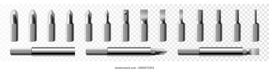 Conjunto isométrico de pedazos de metal para destornillador aislado sobre fondo blanco. Brocas para taladro eléctrico o destornillador inalámbrico. Herramientas manuales para la reparación. Piezas para tornillos. Vector 3D realista