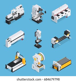 Isometric set of metalworking machines with control panel conveyor computer technologies on blue background isolated vector illustration