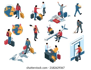 Isometric set of migrant workers travelling with suitcases and doing work isolated 3d vector illustration