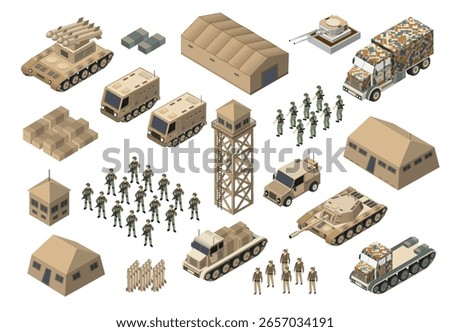 Isometric set of military assets including soldiers, vehicles, watchtower, tents, buildings, and boxes, creating a comprehensive scene of army base operations