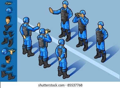 isometric set of military peacekeepers standing in some positions