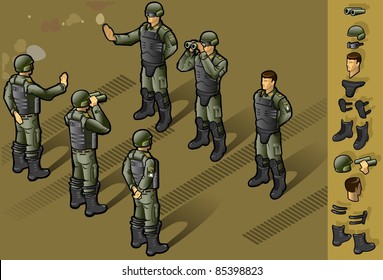 Isometric Set Of Military People Standing In Some Position