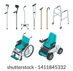 Isometric set of mobility aids including a wheelchair and electric wheelchair, walker, crutches, quad cane, and forearm crutches. Health care concept.