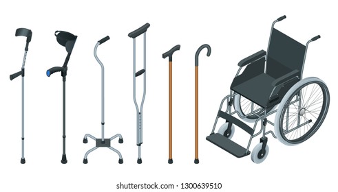 Isometric set of mobility aids including a wheelchair, walker, crutches, quad cane, and forearm crutches. Flat illustration. Health care concept.