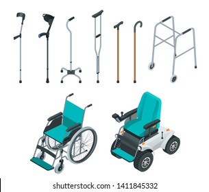 Isometric set of mobility aids including a wheelchair and electric wheelchair, walker, crutches, quad cane, and forearm crutches. Health care concept.