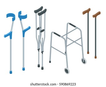 Isometric set of mobility aids including a wheelchair, walker, crutches, quad cane, and forearm crutches. Vector illustration. Health care concept.