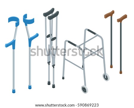 Isometric set of mobility aids including a wheelchair, walker, crutches, quad cane, and forearm crutches. Vector illustration. Health care concept.