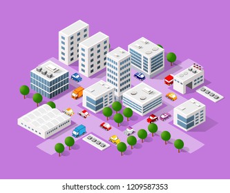 Isometric set of the modern 3D city. Landscape trees, streets. Three-dimensional views of skyscrapers, houses, buildings and urban areas with transport roads, intersections

