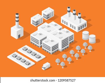 Isometric set of the modern 3D city. Landscape trees, streets. Three-dimensional views of skyscrapers, houses, buildings and urban areas with transport roads, intersections