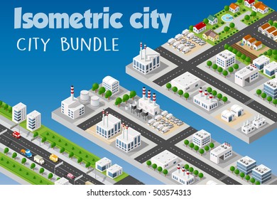 Isometric set of the modern 3D city. Landscape trees, streets. Three-dimensional views of skyscrapers, houses, buildings and urban areas with transport roads, intersections