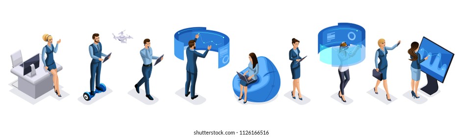 Isometric set of modern businessmen and business ladies with gadgets, smartphone, tablet, video shooting, laptop, drone quadrocopter, vector illustration