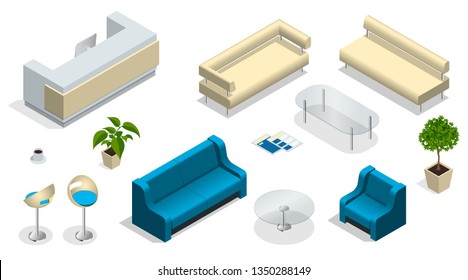 Isometric Set Of Modern Office Furniture. Modern Office Interior With A Reception Desk. Furniture, Office.