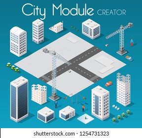Isometric set module city with skyscraper from urban building vector architecture. Modern white illustration for design game and business shape background