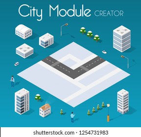 Isometric set module city with skyscraper from urban building vector architecture. Modern white illustration for design game and business shape background