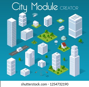 Isometric Set Module City With Skyscraper From Urban Building Vector Architecture. Modern White Illustration For Design Game And Business Shape Background