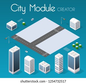 Isometric set module city with skyscraper from urban building vector architecture. Modern white illustration for design game and business shape background