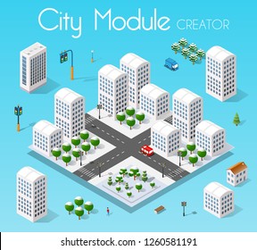 Isometric set module city with skyscraper from urban building vector architecture. Modern white illustration for design game and business shape background