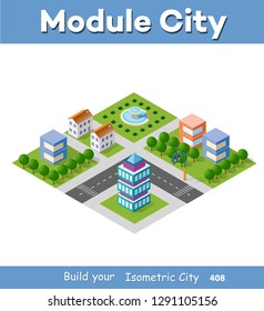 Isometric set module city with skyscraper from urban building vector architecture. Modern white illustration for design game and business shape background