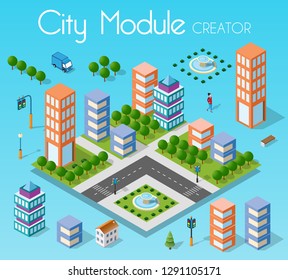 Isometric set module city with skyscraper from urban building vector architecture. Modern white illustration for design game and business shape background
