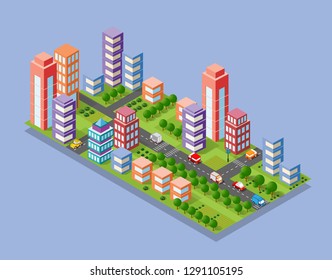 Isometric set module city with skyscraper from urban building vector architecture. Modern white illustration for design game and business shape background