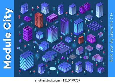 Isometric set module city with skyscraper from urban building vector architecture. Modern illustration for design game and business shape background