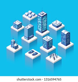 Isometric Set Module City With Skyscraper From Urban Building Vector Architecture. Modern White Illustration For Design Game And Business Shape Background