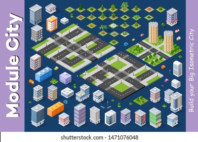 Isometric set module city with skyscraper from urban building vector architecture. Modern white illustration for design game and business shape background