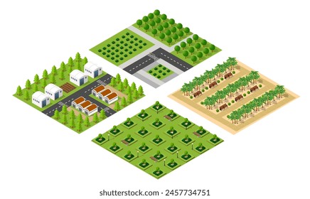 Isometric set module city with skyscraper from urban building vector architecture. Modern illustration for design game and business shape background
