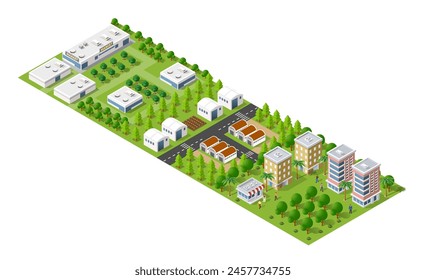 Isometric set module city with skyscraper from urban building vector architecture. Modern illustration for design game and business shape background