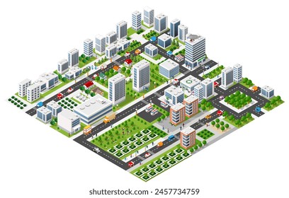 Isometric set module city with skyscraper from urban building vector architecture. Modern illustration for design game and business shape background