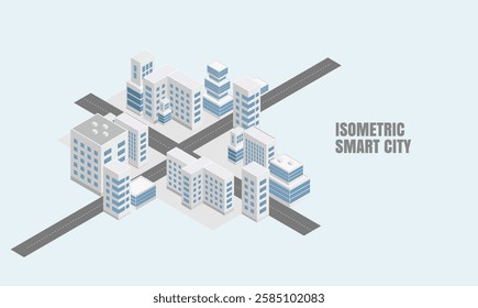 Isometric set module city with skyscraper from urban building vector architecture. Isometric city map with buildings. Business office and commercial towers in 3d cityscape. City development concept.