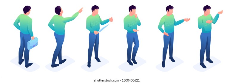 Isometric set of movements and poses of a young man, a bright sweater, dark pants.