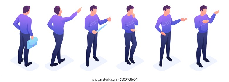Conjunto de movimientos y poses isométricas de un joven, un suéter brillante, pantalones oscuros. Conjunto de ilustraciones vectoriales.