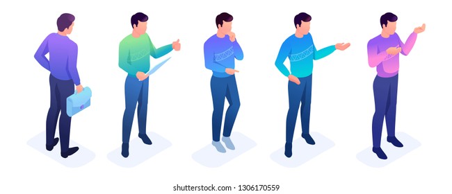 Isometric set of movements and poses of a young man. To create vector illustrations.