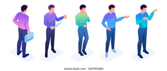 Isometric set of movements and poses of a young man, character. To create vector illustrations
