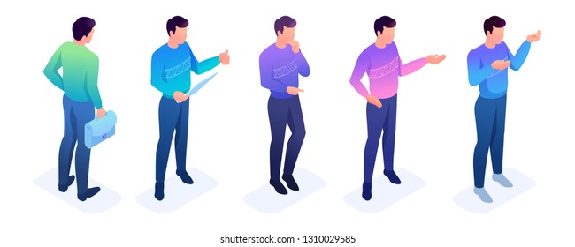 Isometric set of movements and poses of a young character. To create vector illustrations.